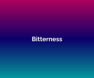 Pink/purple/blue blended background with 'Bitterness' written in white in the centre for Poor Money Mindset Blog